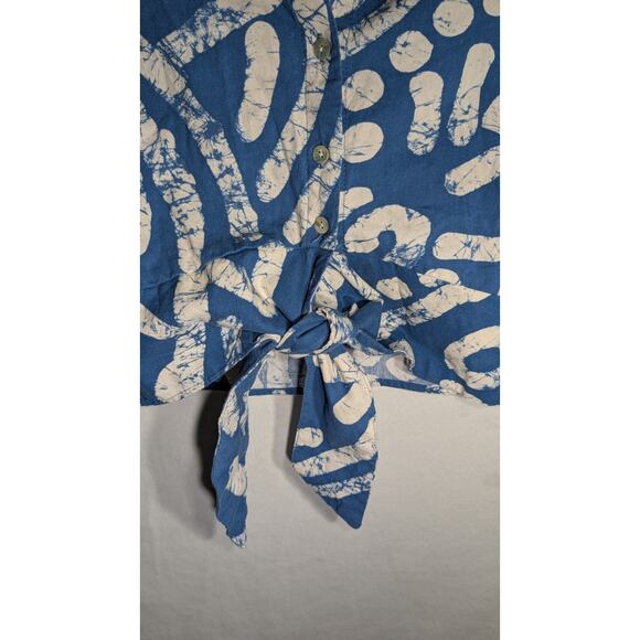 Haute Hippie Womens Linen Blend Cropped Button Up Sz XS Blue Abstract Tie Front - Picture 2 of 7